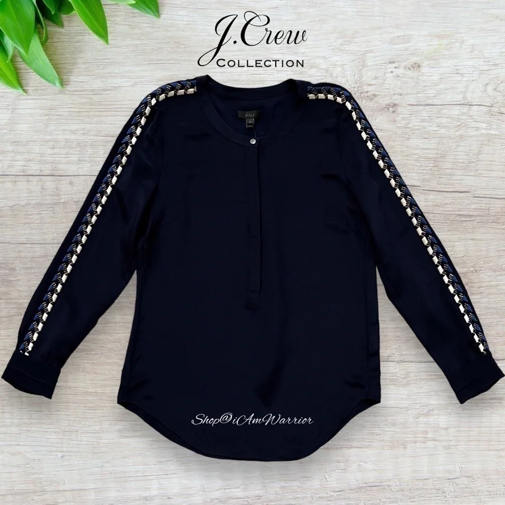 J.Crew Collection NWT rare navy silk embellished sleeve blouse *shop@iamwarrior